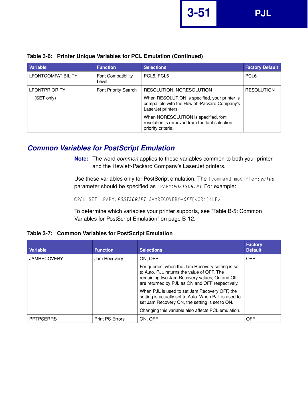 Lexmark Printer manual Common Variables for PostScript Emulation, Factory, Variable Function Selections Default 