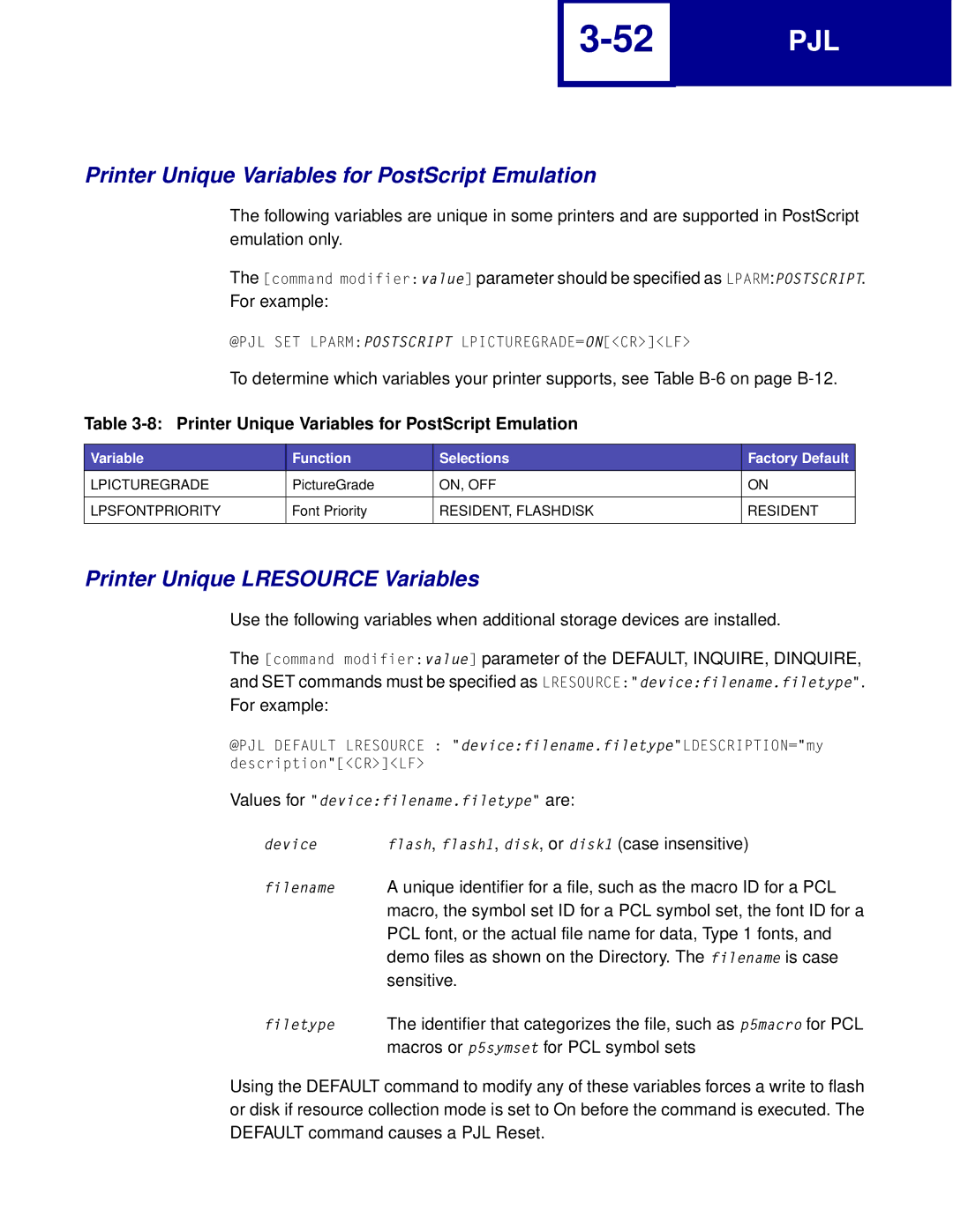 Lexmark Printer Unique Variables for PostScript Emulation, Printer Unique Lresource Variables, ON, OFF Lpsfontpriority 