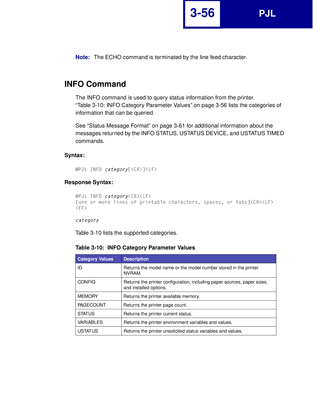 Lexmark Printer manual Info Command, Info Category Parameter Values, Category Values Description 