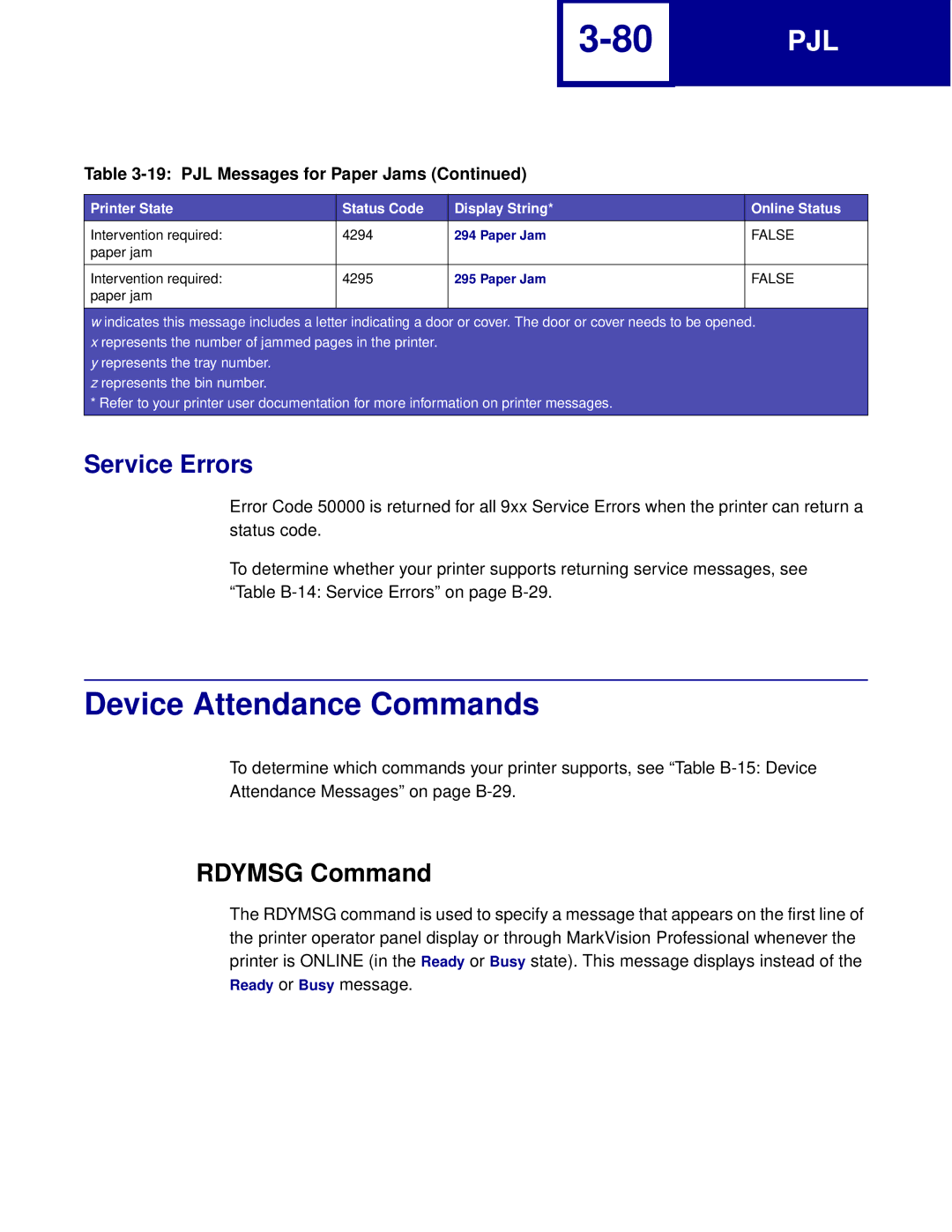 Lexmark Printer manual Device Attendance Commands, Service Errors, Rdymsg Command 