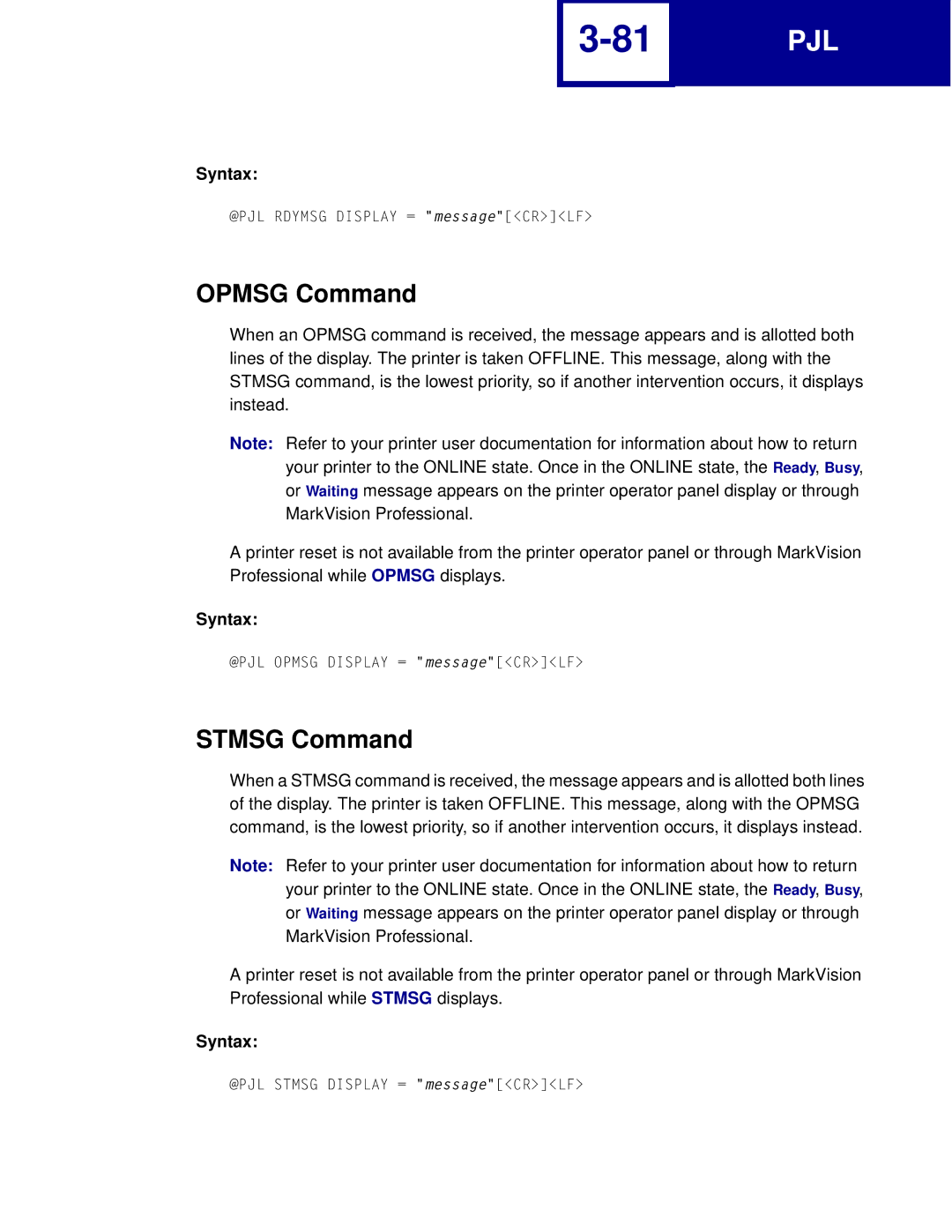 Lexmark Printer manual Opmsg Command, Stmsg Command 