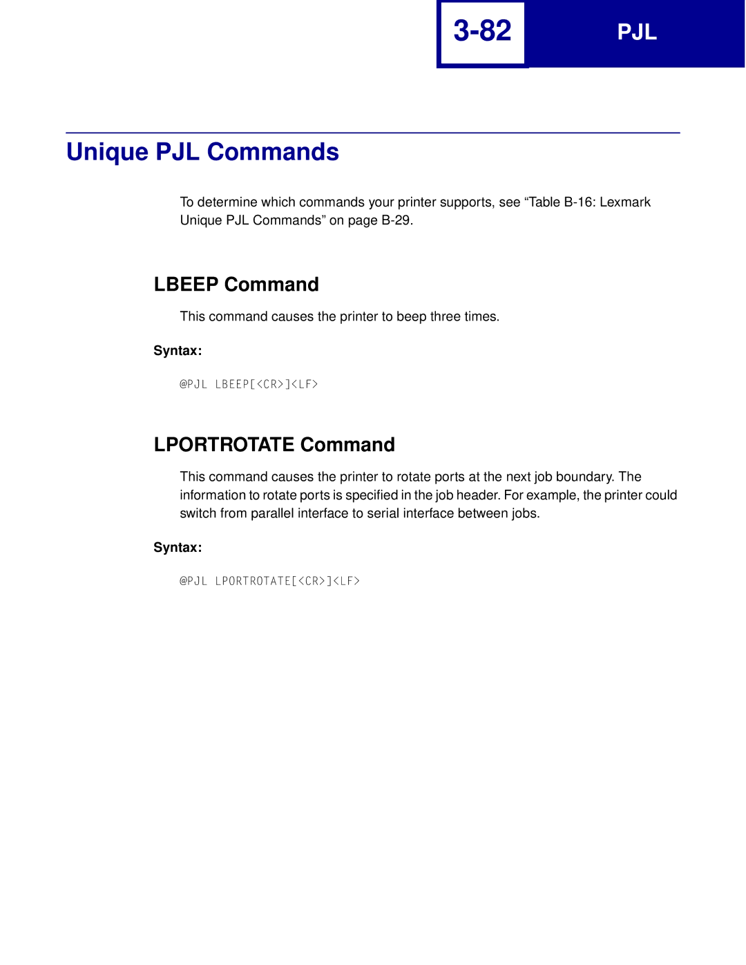 Lexmark Printer manual Unique PJL Commands, Lbeep Command, Lportrotate Command 