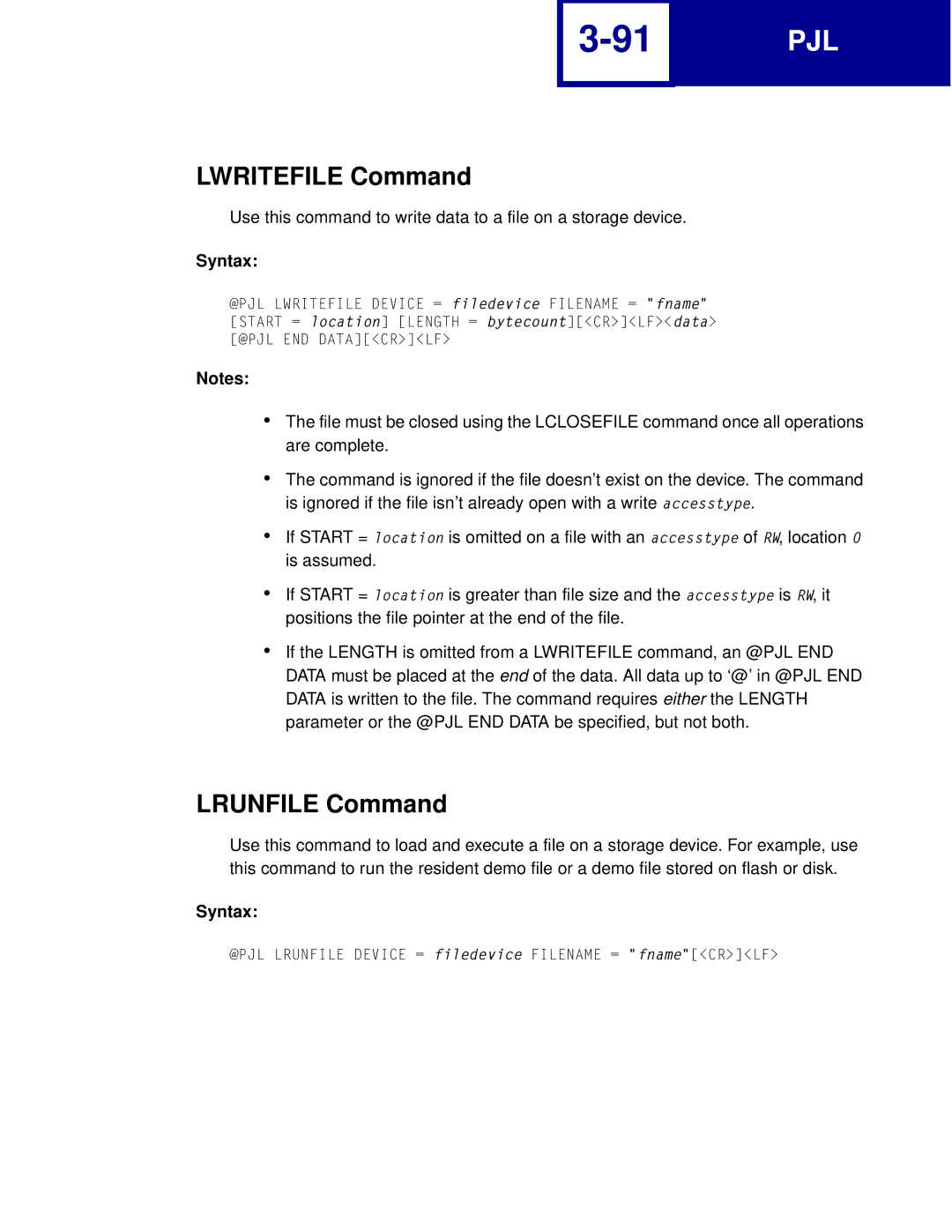 Lexmark Printer manual Lwritefile Command, Lrunfile Command 