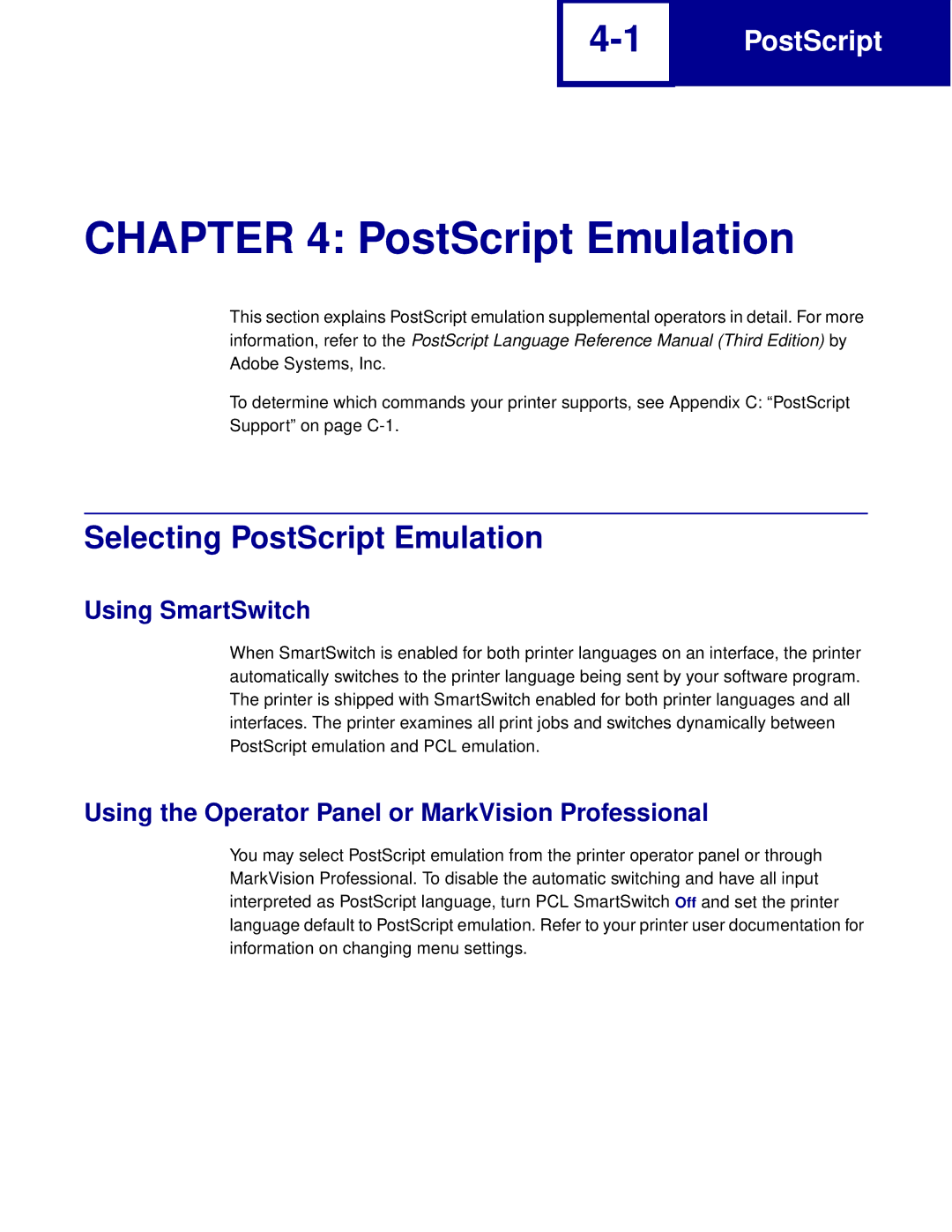 Lexmark Printer manual Selecting PostScript Emulation 