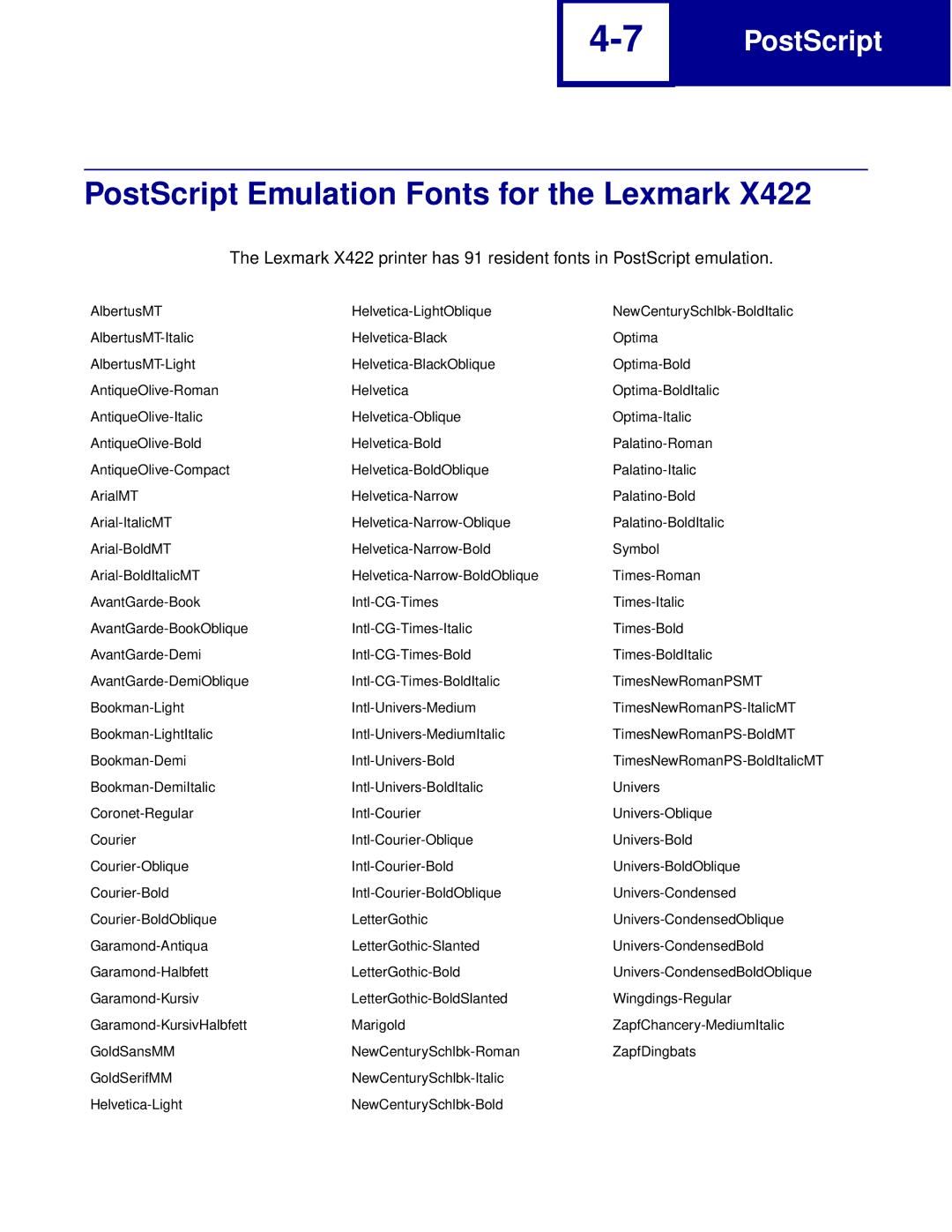 Lexmark Printer manual PostScript Emulation Fonts for the Lexmark 