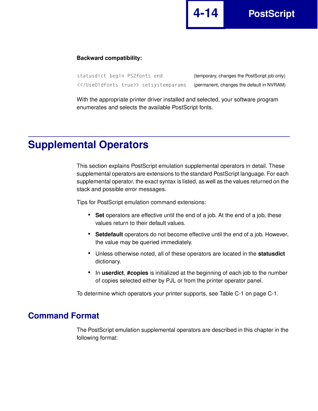 Lexmark Printer manual Supplemental Operators, Command Format 