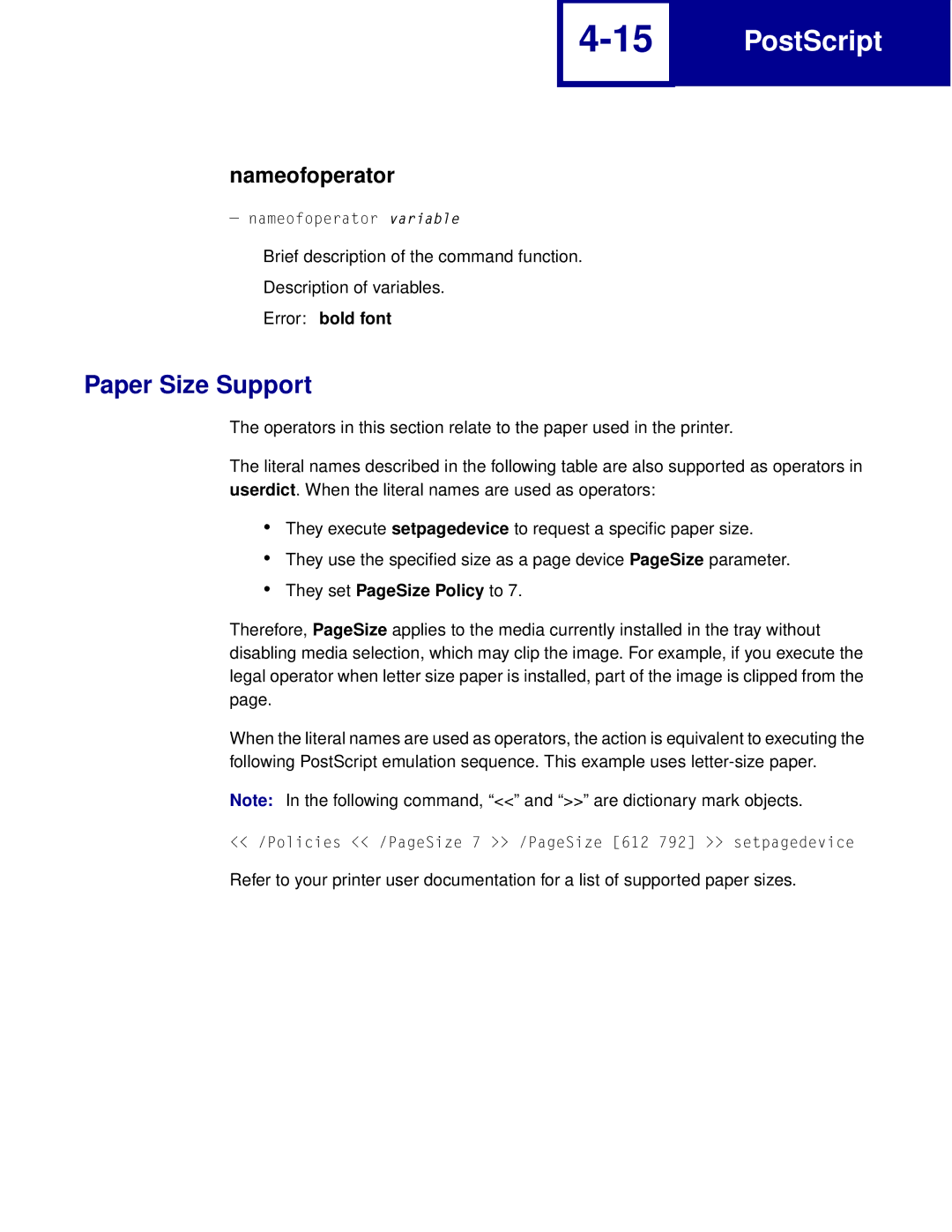 Lexmark Printer manual Paper Size Support, Nameofoperator, Error bold font, They set PageSize Policy to 