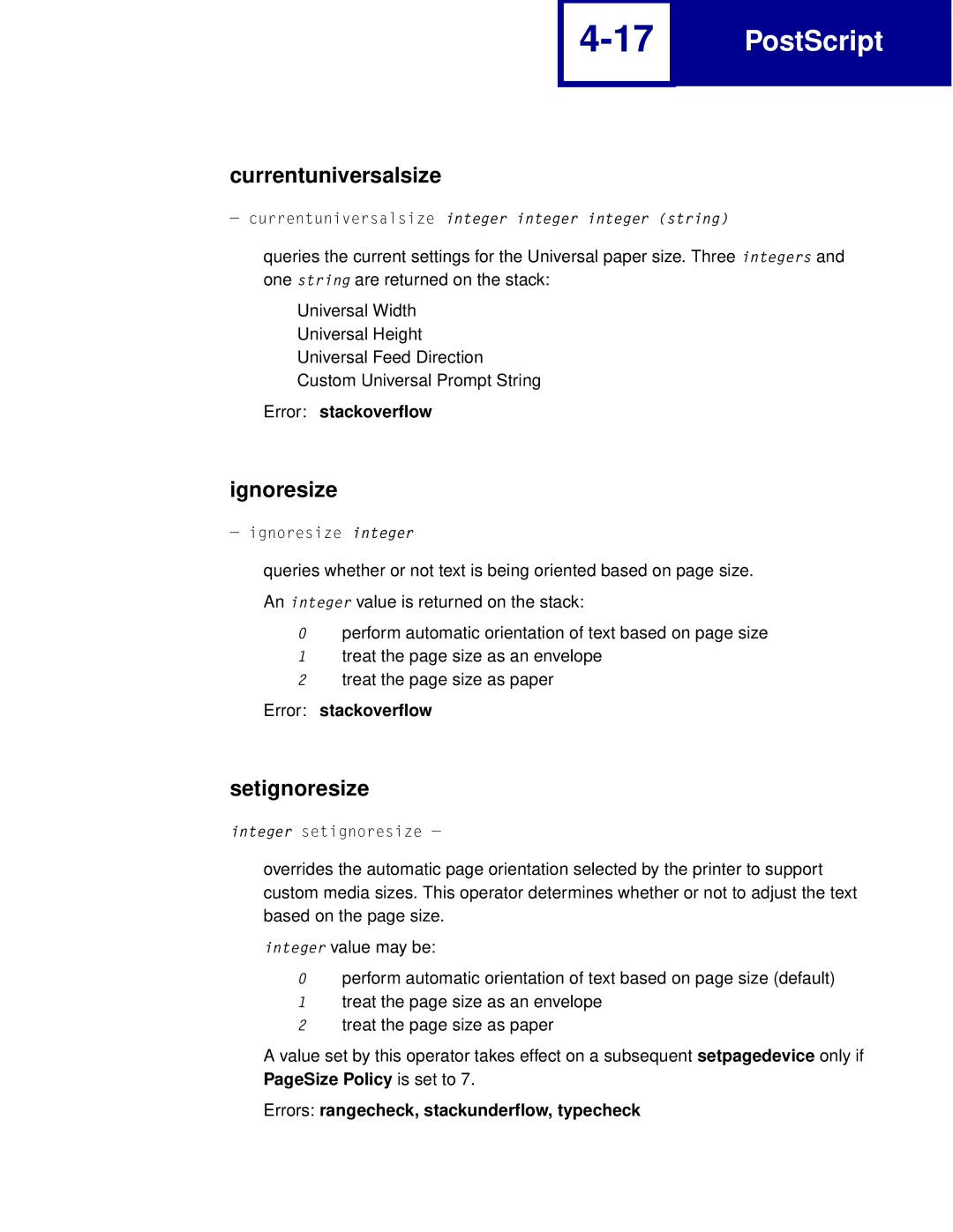 Lexmark Printer manual Currentuniversalsize, Ignoresize, Setignoresize, Error stackoverflow 