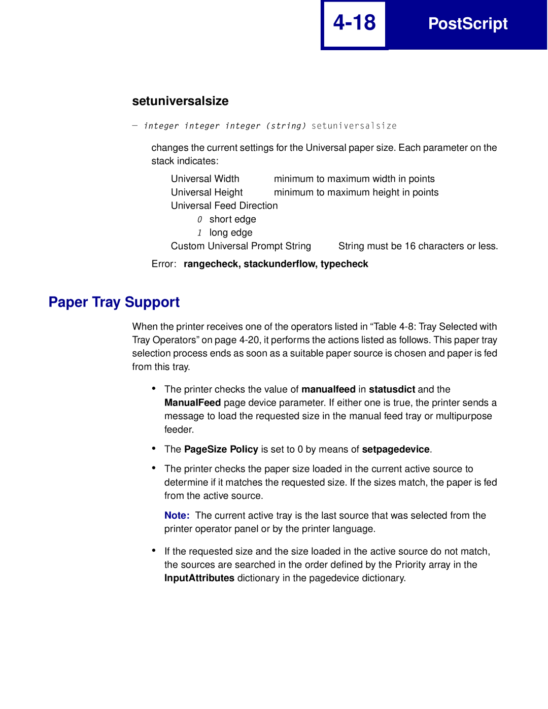 Lexmark Printer manual Paper Tray Support, Setuniversalsize, Error rangecheck, stackunderflow, typecheck 