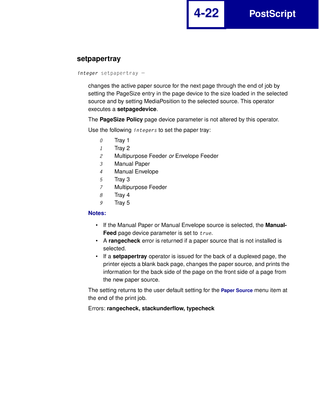 Lexmark Printer manual Setpapertray, Errors rangecheck, stackunderflow, typecheck 