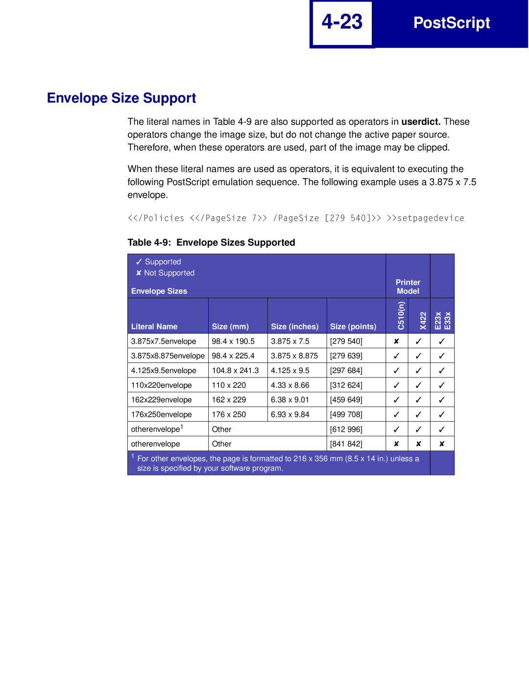 Lexmark Printer manual Envelope Size Support, Envelope Sizes Supported 