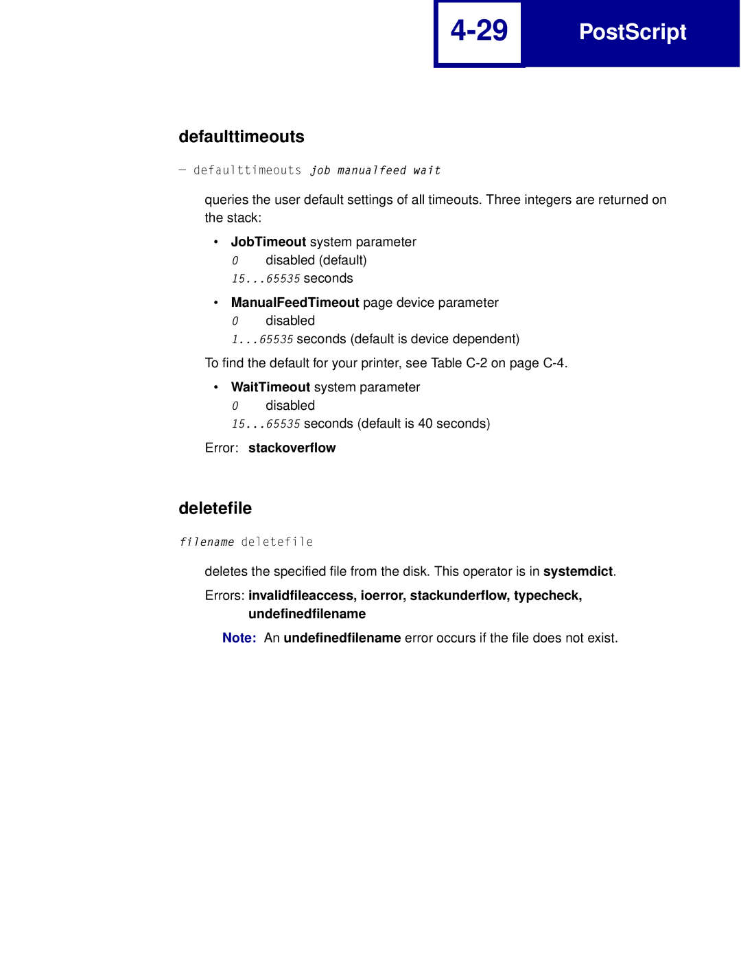 Lexmark Printer manual Defaulttimeouts, Deletefile 