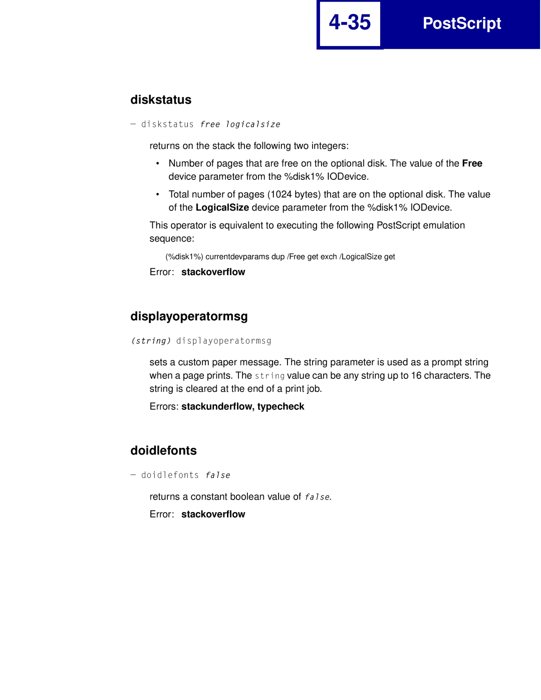 Lexmark Printer manual Diskstatus, Displayoperatormsg, Doidlefonts 