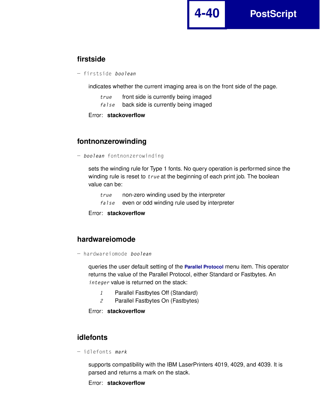 Lexmark Printer manual Firstside, Fontnonzerowinding, Hardwareiomode, Idlefonts 