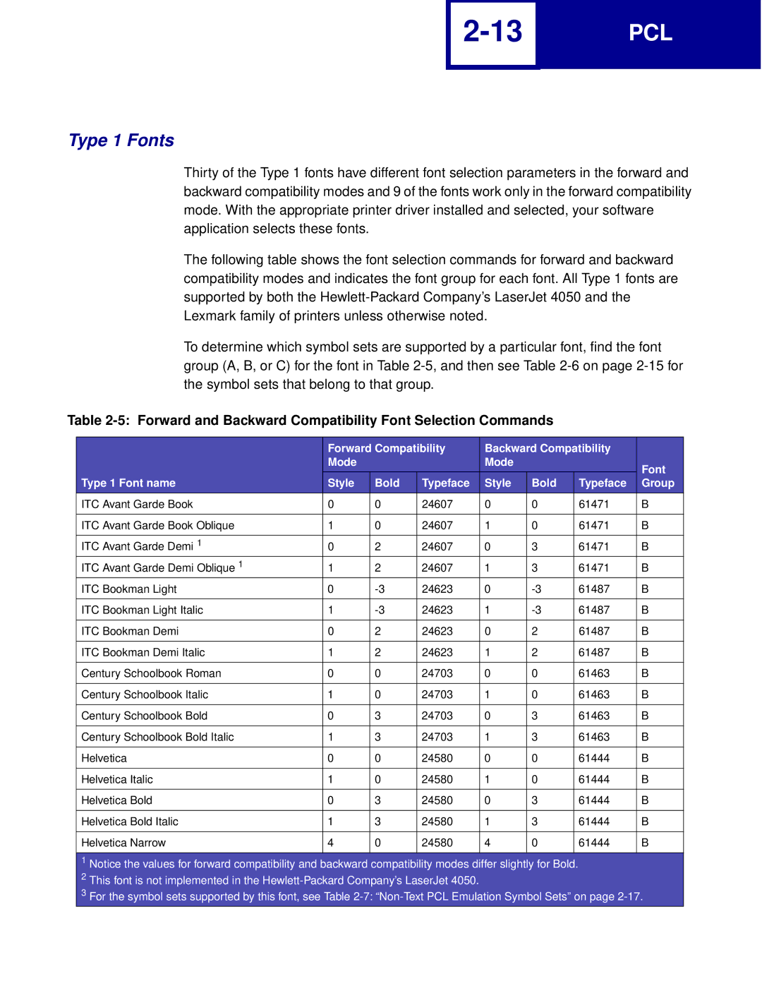 Lexmark Printer manual Type 1 Fonts, Forward and Backward Compatibility Font Selection Commands 