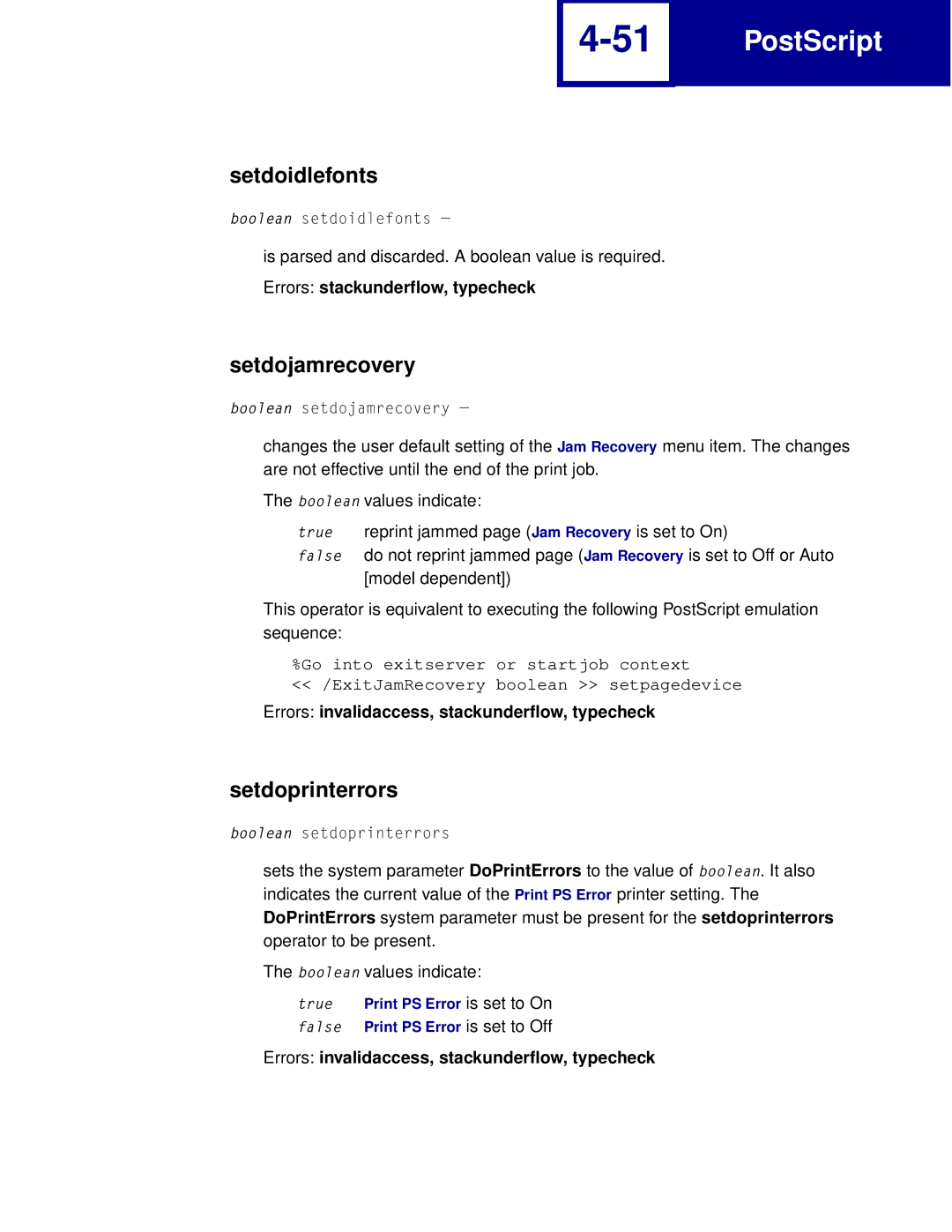 Lexmark Printer manual Setdoidlefonts, Setdojamrecovery, Setdoprinterrors, Errors invalidaccess, stackunderflow, typecheck 