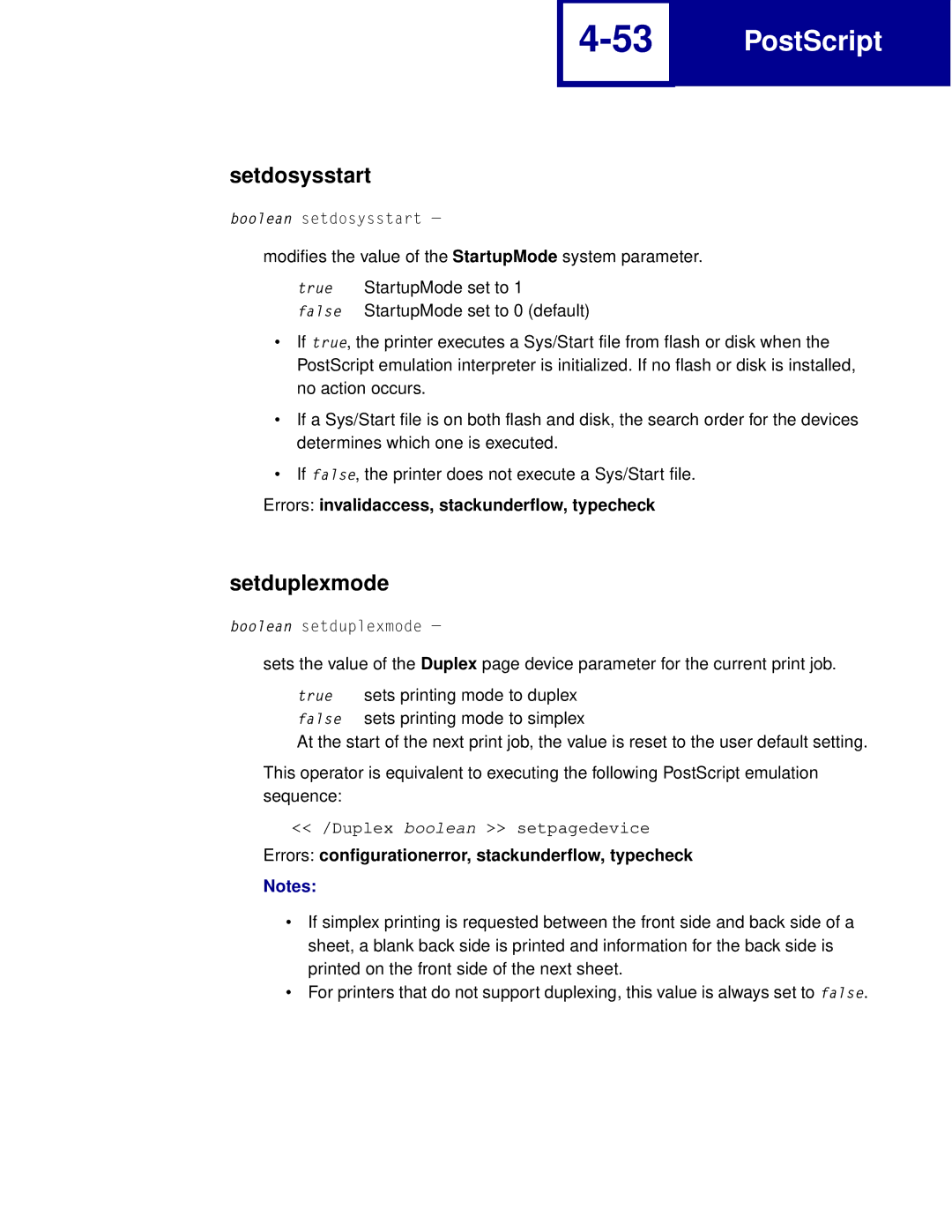 Lexmark Printer manual Setdosysstart, Setduplexmode, Errors configurationerror, stackunderflow, typecheck 