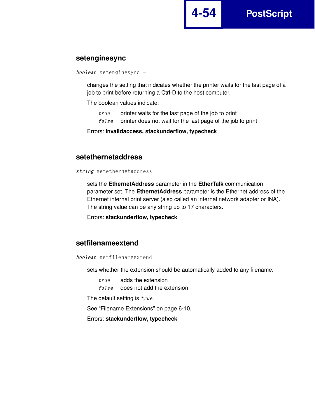 Lexmark Printer manual Setenginesync, Setethernetaddress, Setfilenameextend 