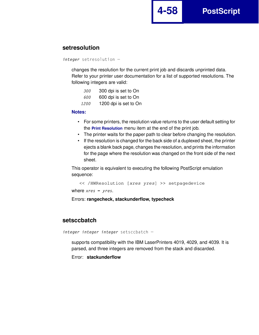 Lexmark Printer manual Setresolution, Setsccbatch, Error stackunderflow 