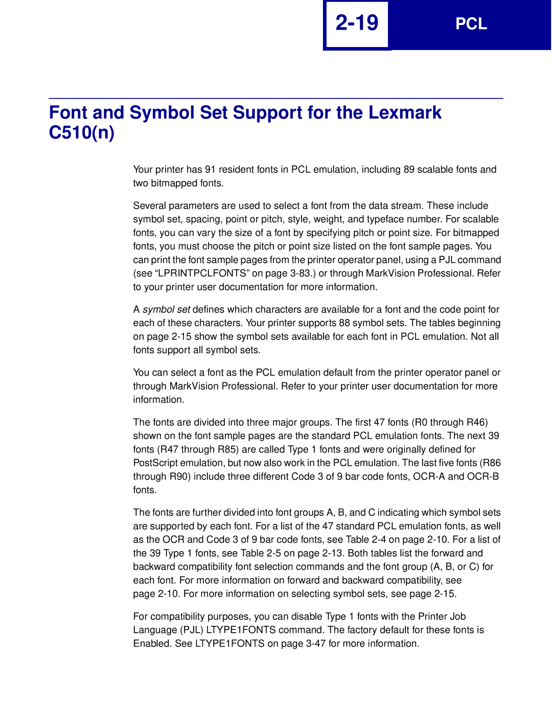 Lexmark Printer manual Font and Symbol Set Support for the Lexmark C510n 