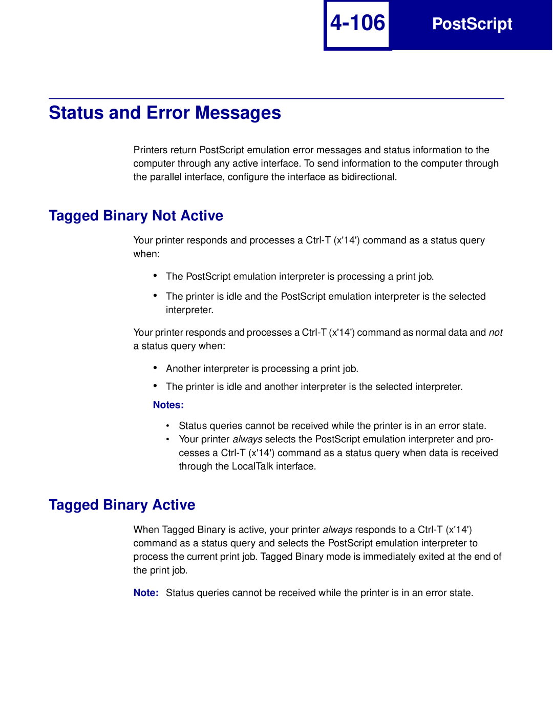 Lexmark Printer manual Status and Error Messages, Tagged Binary Not Active, Tagged Binary Active 