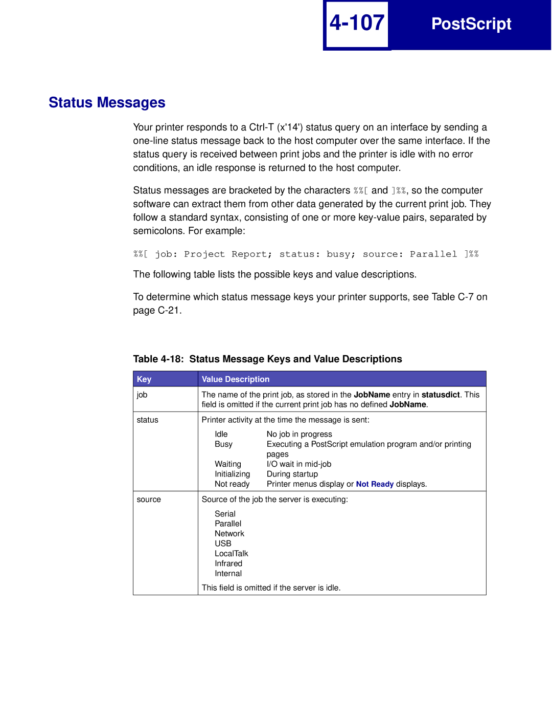 Lexmark Printer manual Status Messages, Status Message Keys and Value Descriptions, Key Value Description, Usb 