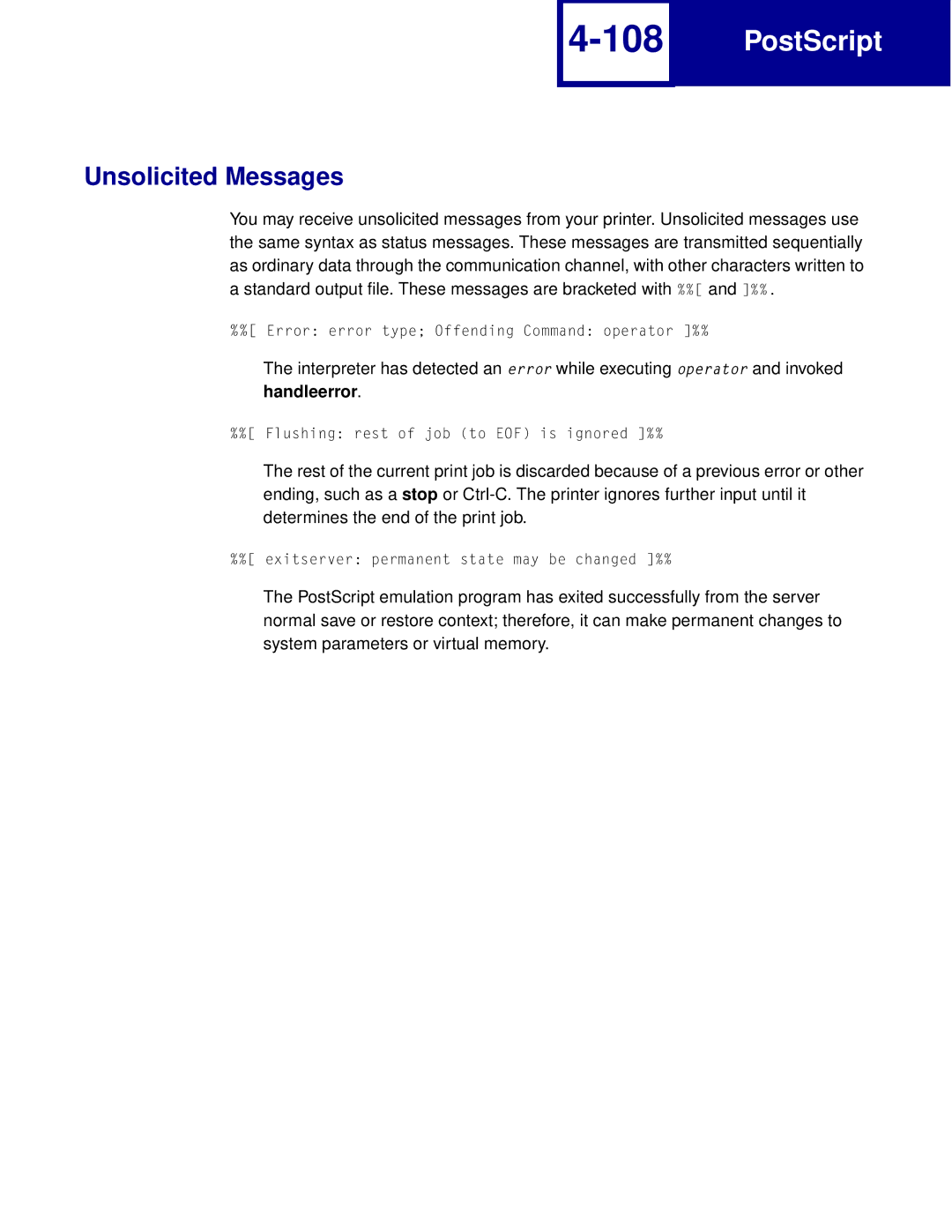 Lexmark Printer manual Unsolicited Messages, Handleerror 