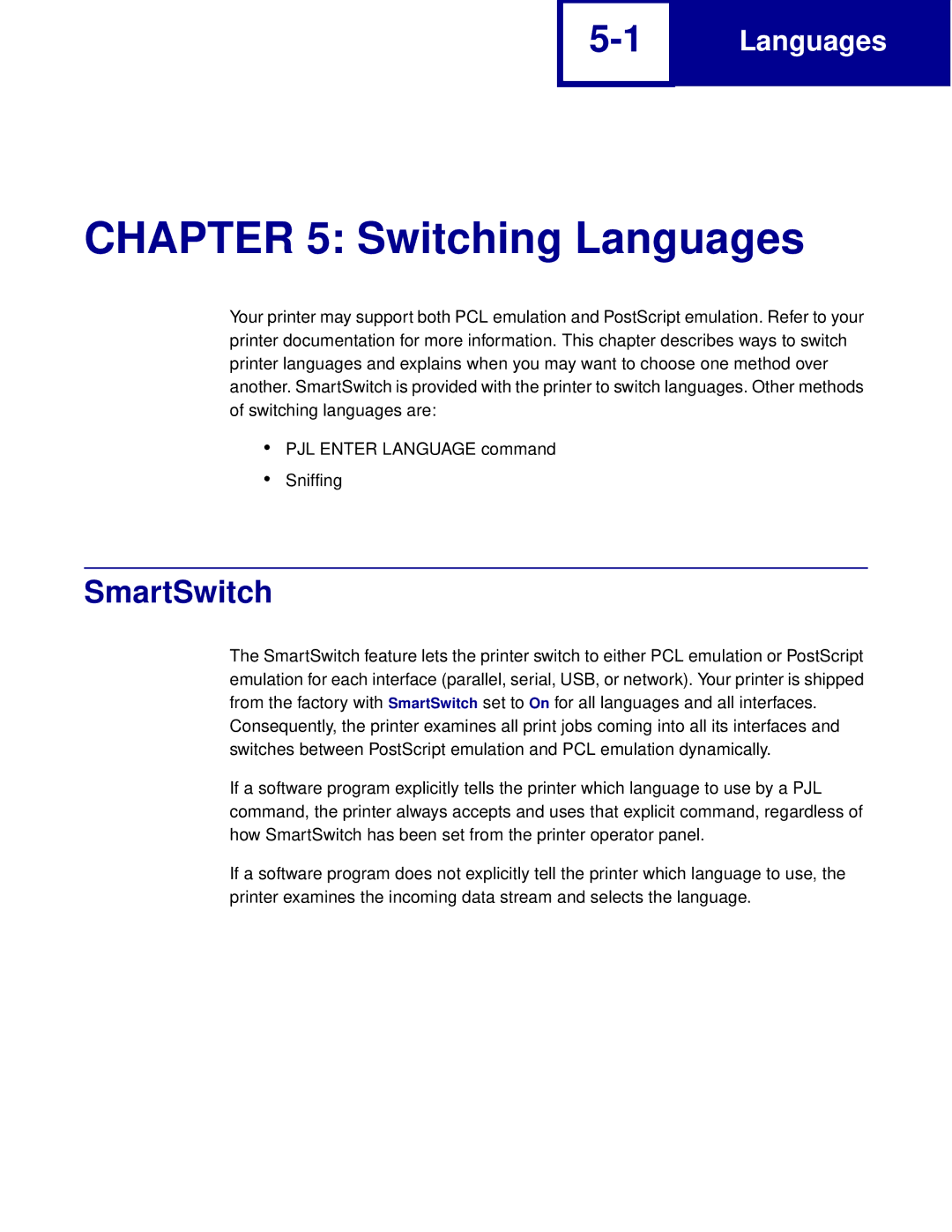 Lexmark Printer manual Switching Languages, SmartSwitch 