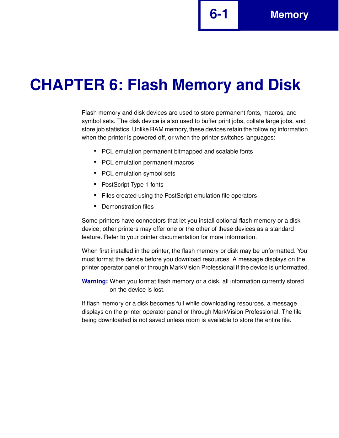 Lexmark Printer manual Flash Memory and Disk 