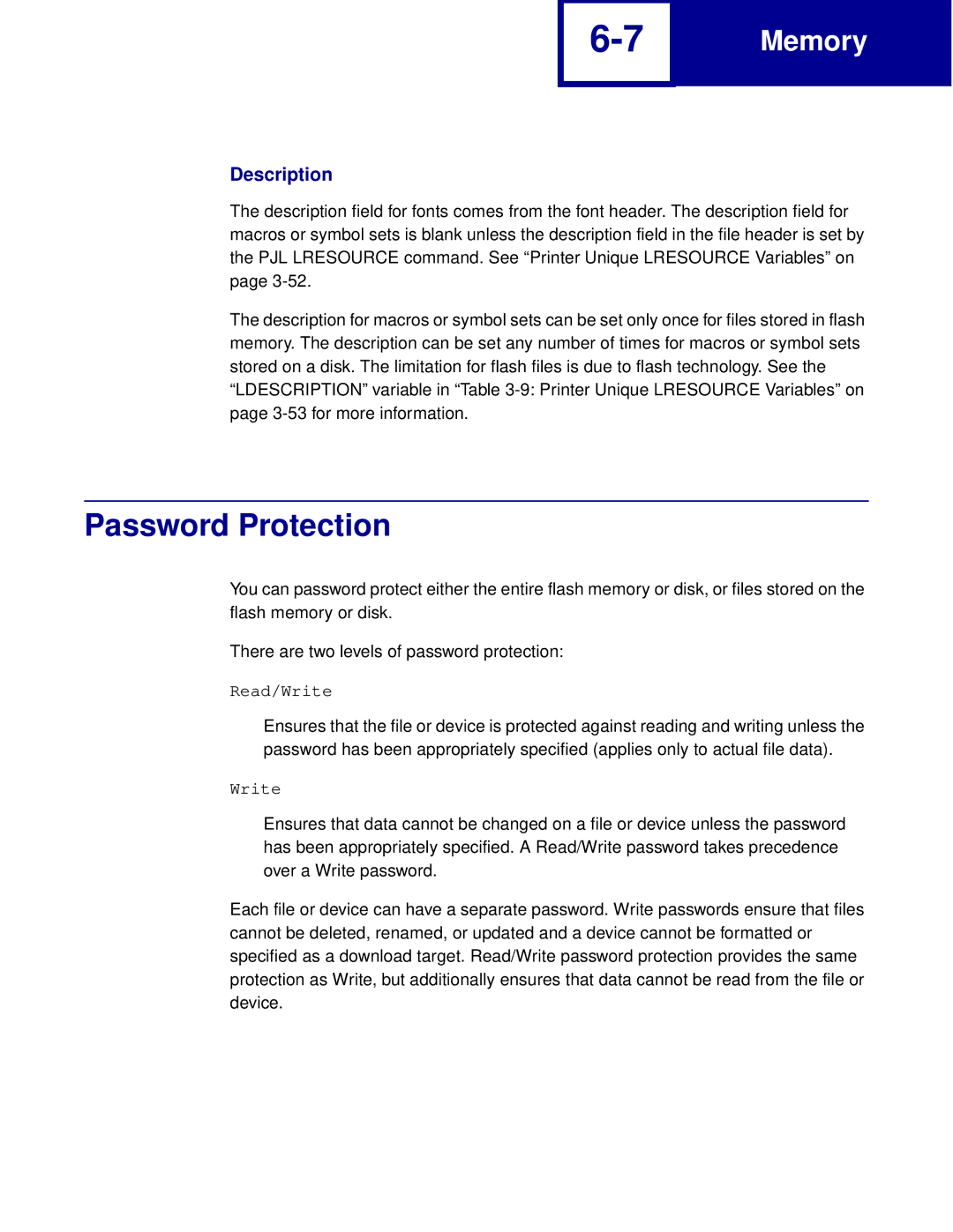 Lexmark Printer manual Password Protection, Description 