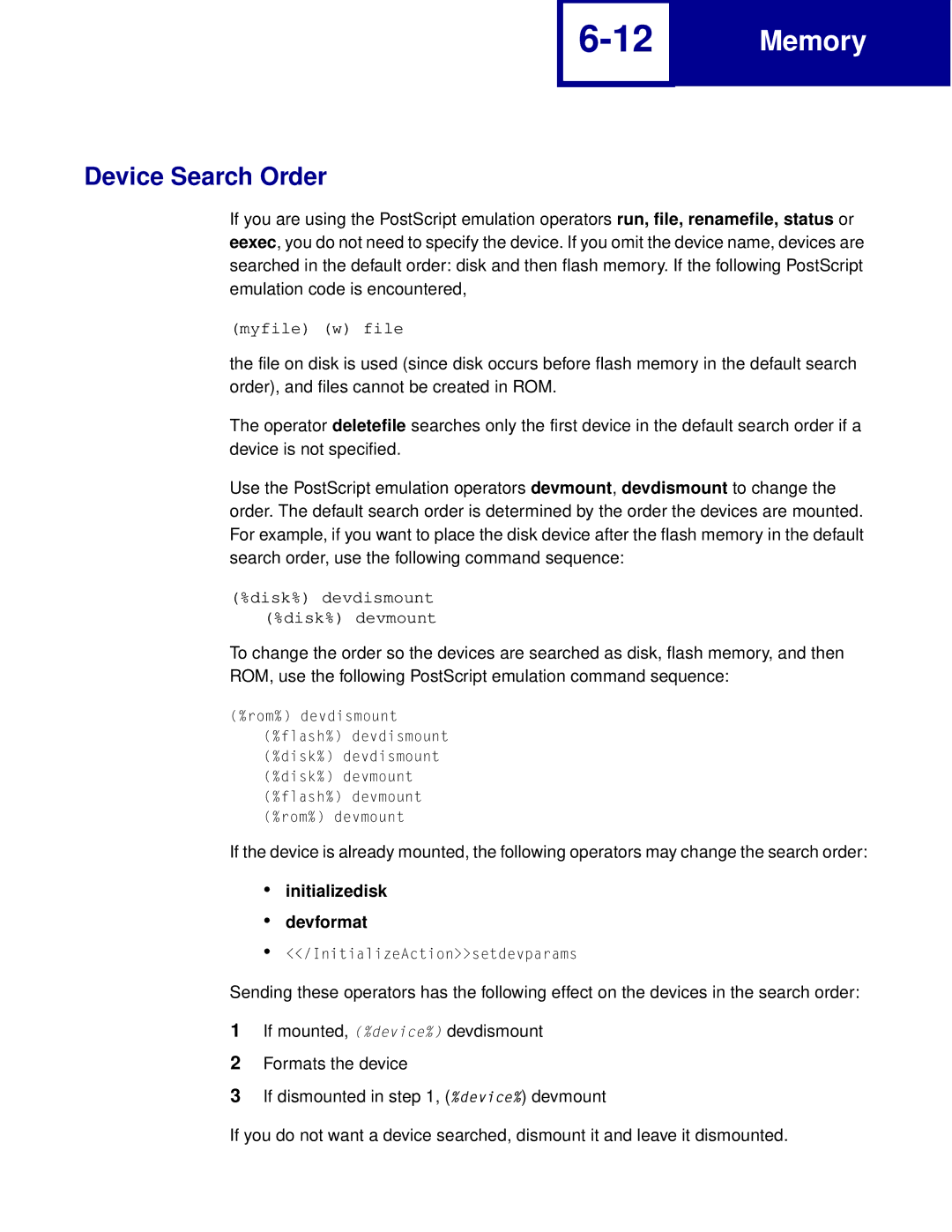 Lexmark Printer manual Device Search Order, Initializedisk Devformat 