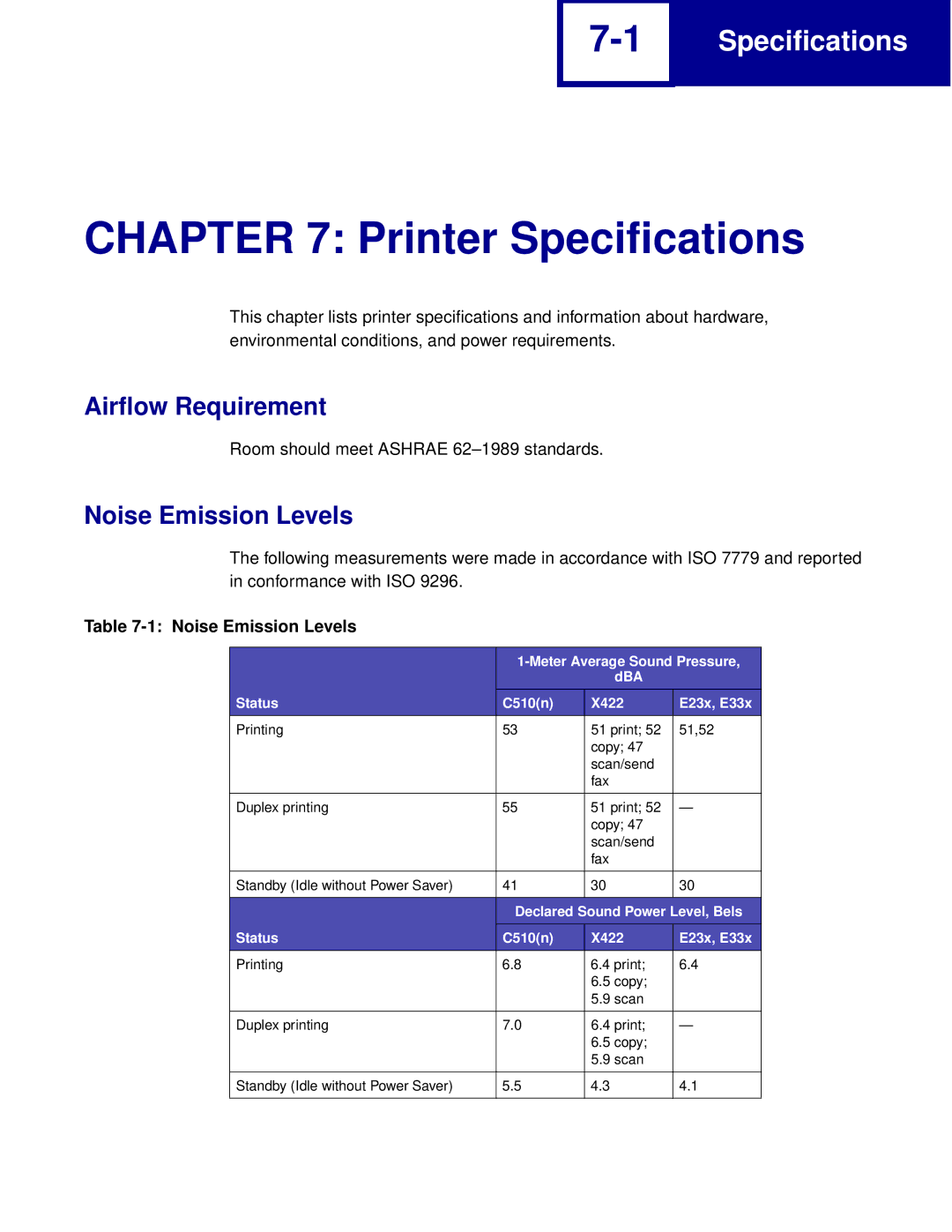 Lexmark Printer manual Airflow Requirement, Noise Emission Levels 