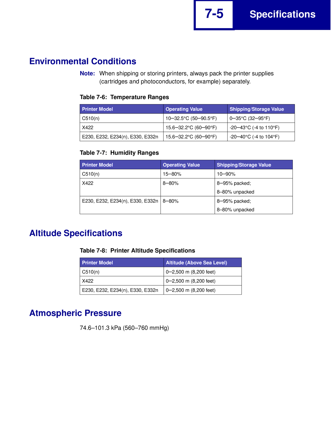 Lexmark Printer manual Environmental Conditions, Altitude Specifications, Atmospheric Pressure 