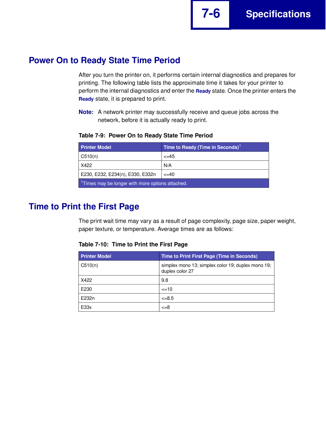 Lexmark Printer manual Power On to Ready State Time Period, Time to Print the First 