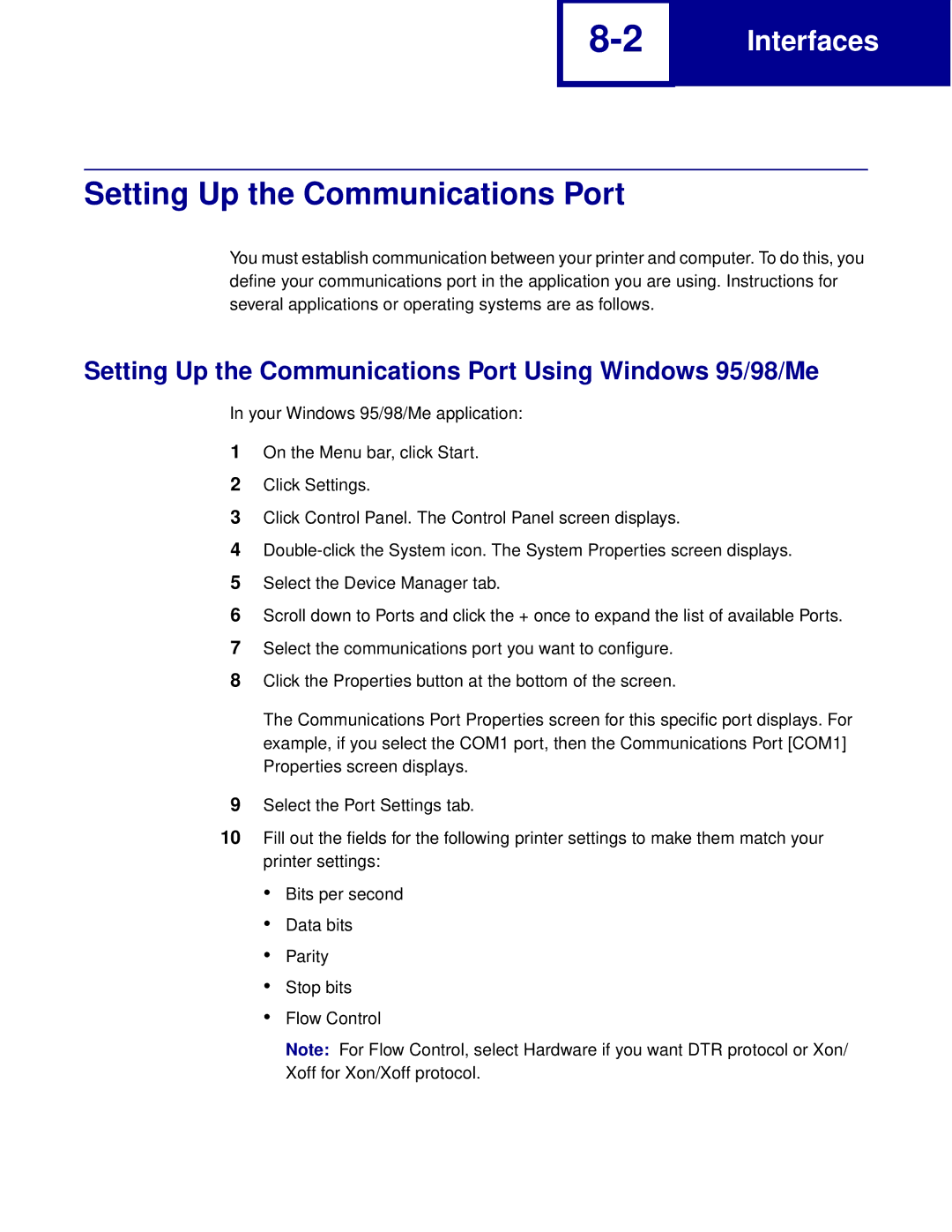 Lexmark Printer manual Setting Up the Communications Port Using Windows 95/98/Me 