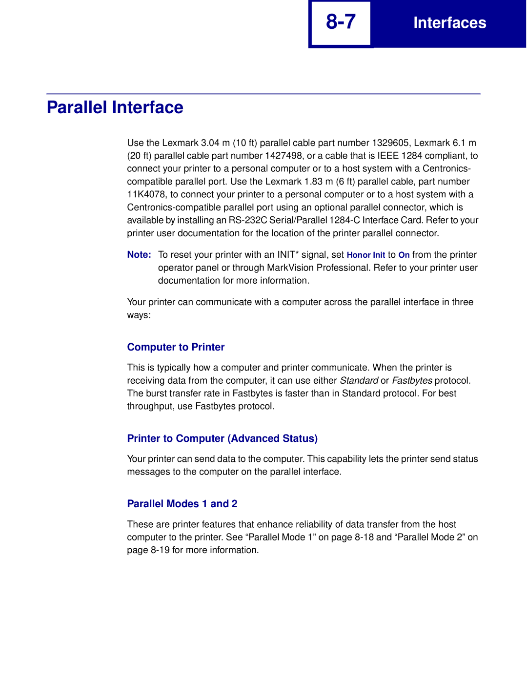 Lexmark manual Parallel Interface, Computer to Printer 