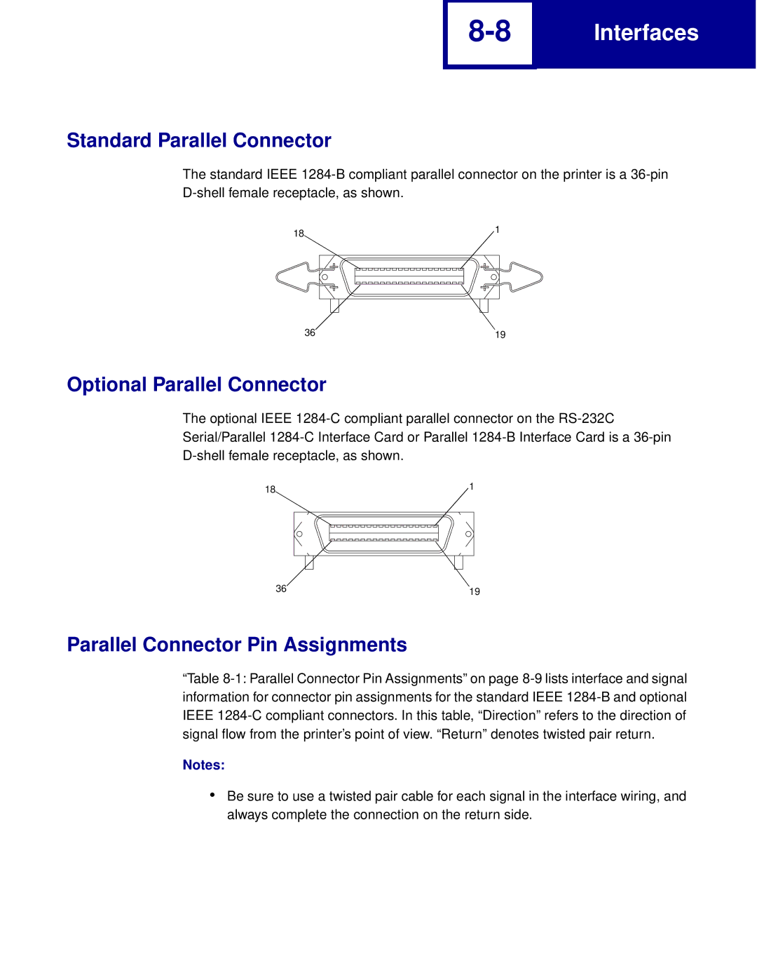 Lexmark Printer manual Standard Parallel Connector, Optional Parallel Connector, Parallel Connector Pin Assignments 