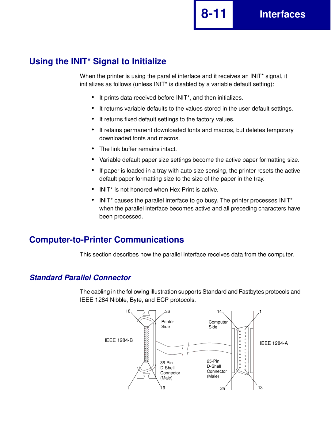 Lexmark manual Using the INIT* Signal to Initialize, Computer-to-Printer Communications, Standard Parallel Connector 