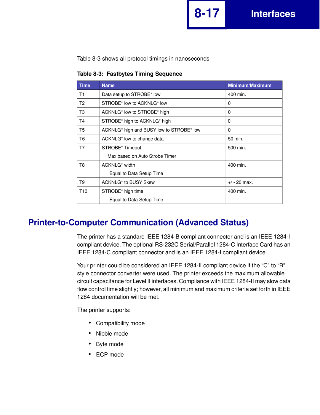 Lexmark manual Printer-to-Computer Communication Advanced Status, Fastbytes Timing Sequence 