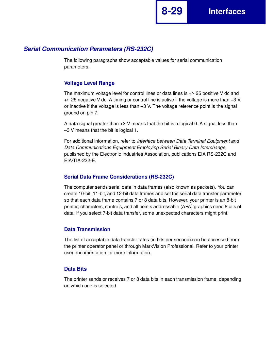 Lexmark Printer manual Serial Communication Parameters RS-232C, Voltage Level Range 