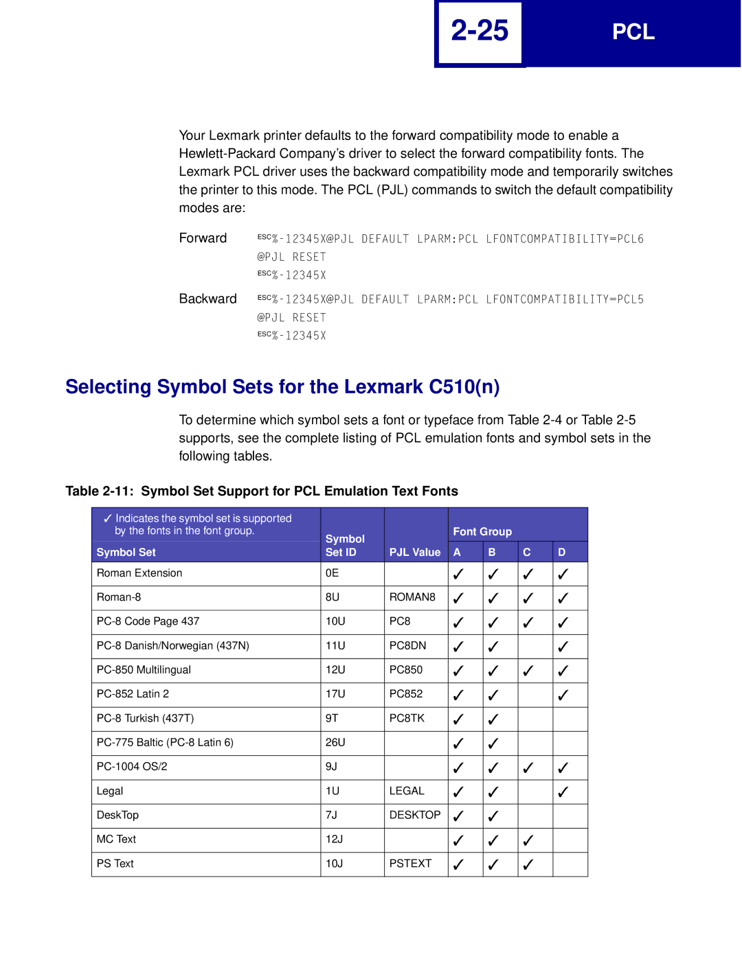 Lexmark Printer manual Selecting Symbol Sets for the Lexmark C510n, Symbol Set Support for PCL Emulation Text Fonts 