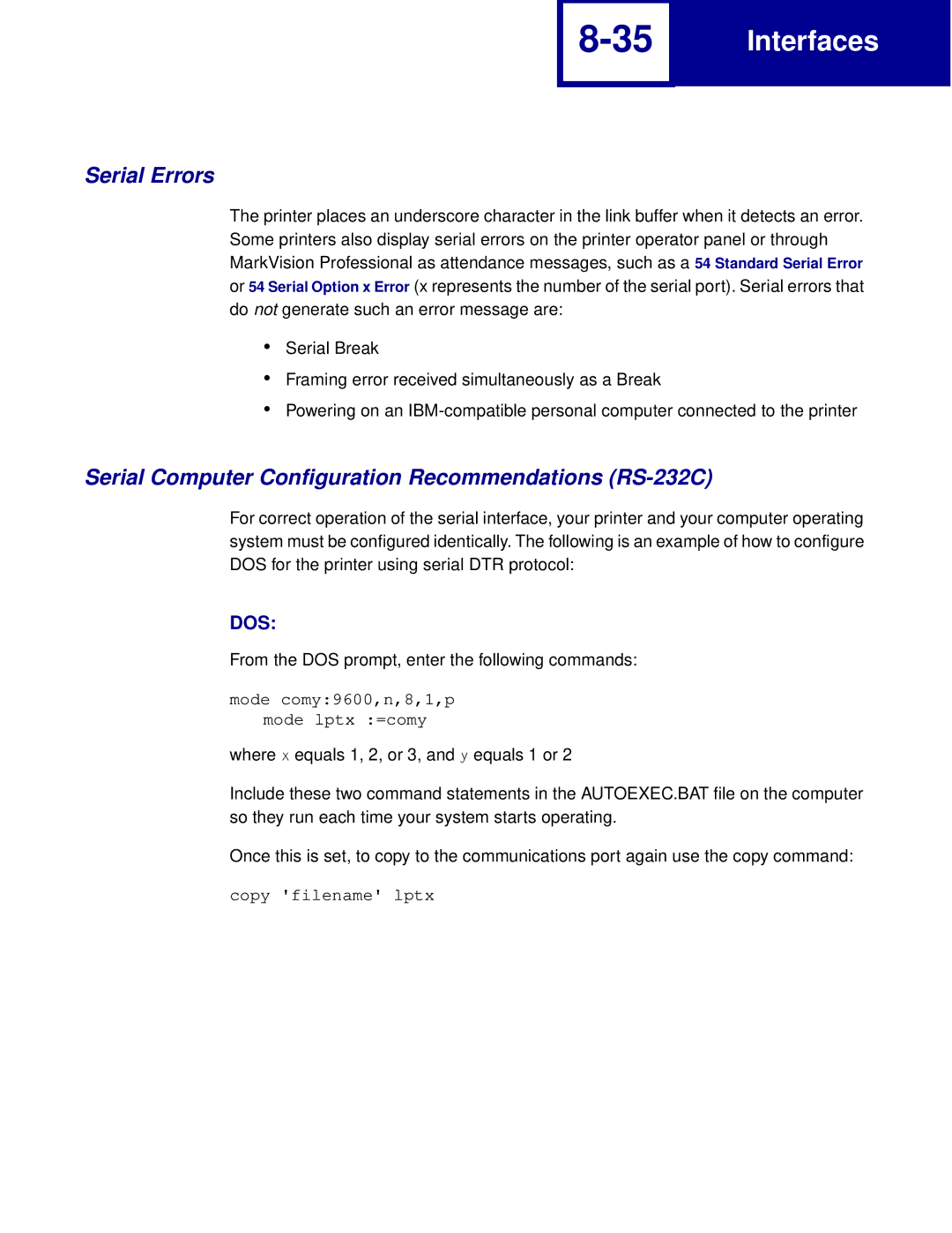 Lexmark Printer manual Serial Errors, Serial Computer Configuration Recommendations RS-232C 