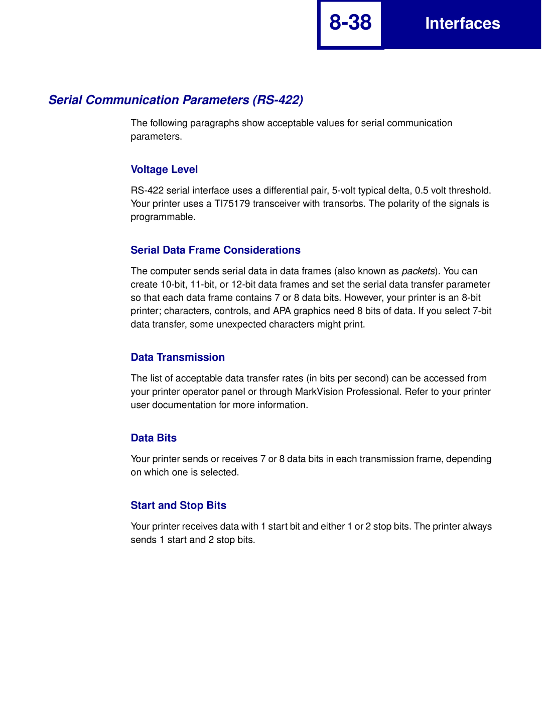 Lexmark Printer manual Serial Communication Parameters RS-422, Voltage Level 