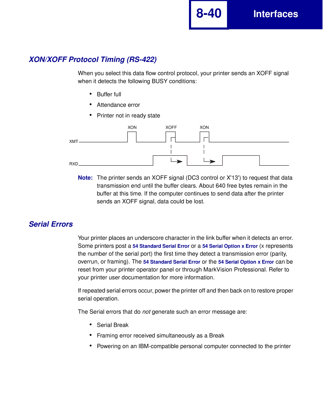 Lexmark Printer manual XON/XOFF Protocol Timing RS-422, Serial Errors 