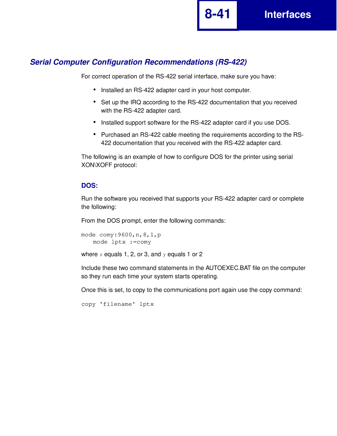 Lexmark Printer manual Serial Computer Configuration Recommendations RS-422 