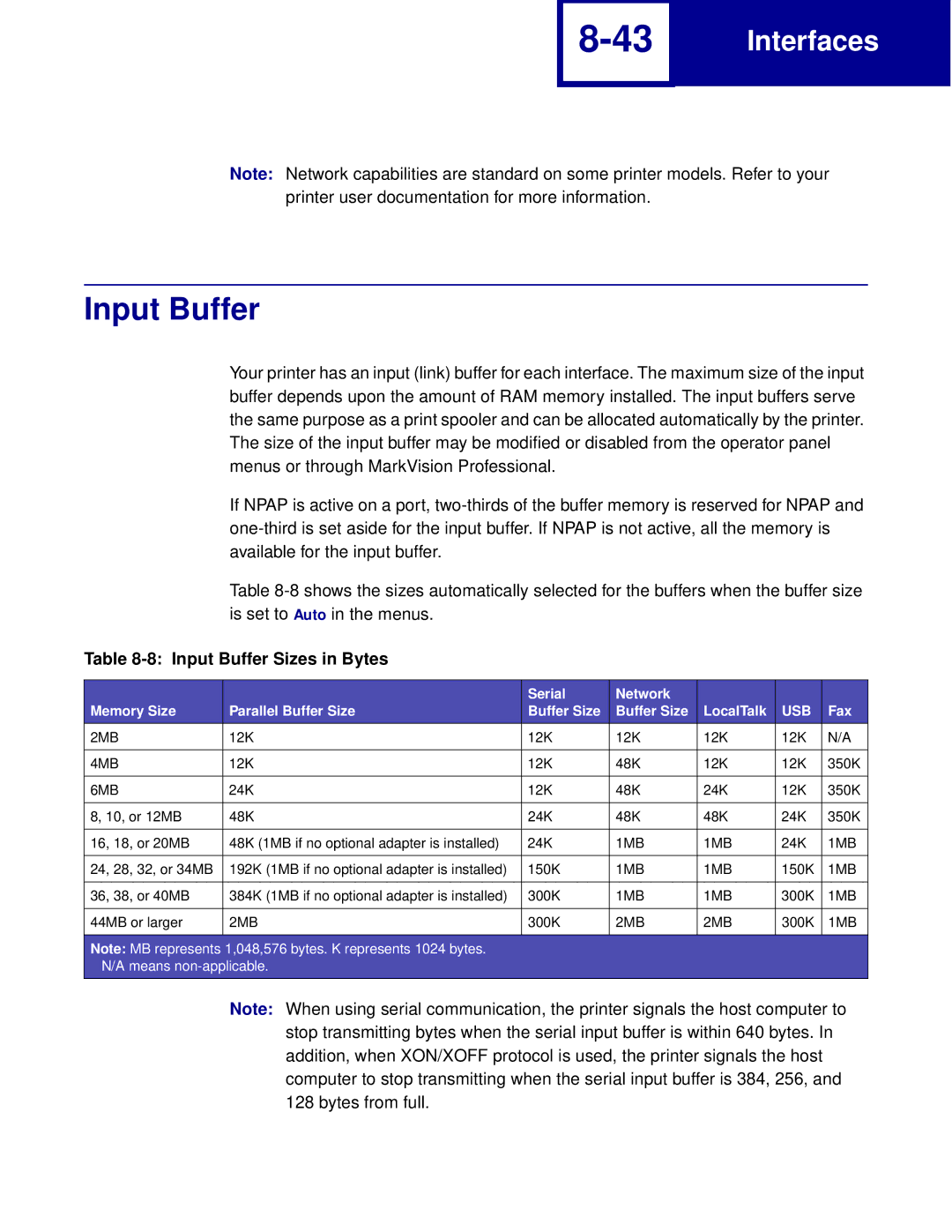 Lexmark Printer manual Input Buffer Sizes in Bytes, Serial Network Memory Size Parallel Buffer Size LocalTalk, Fax 