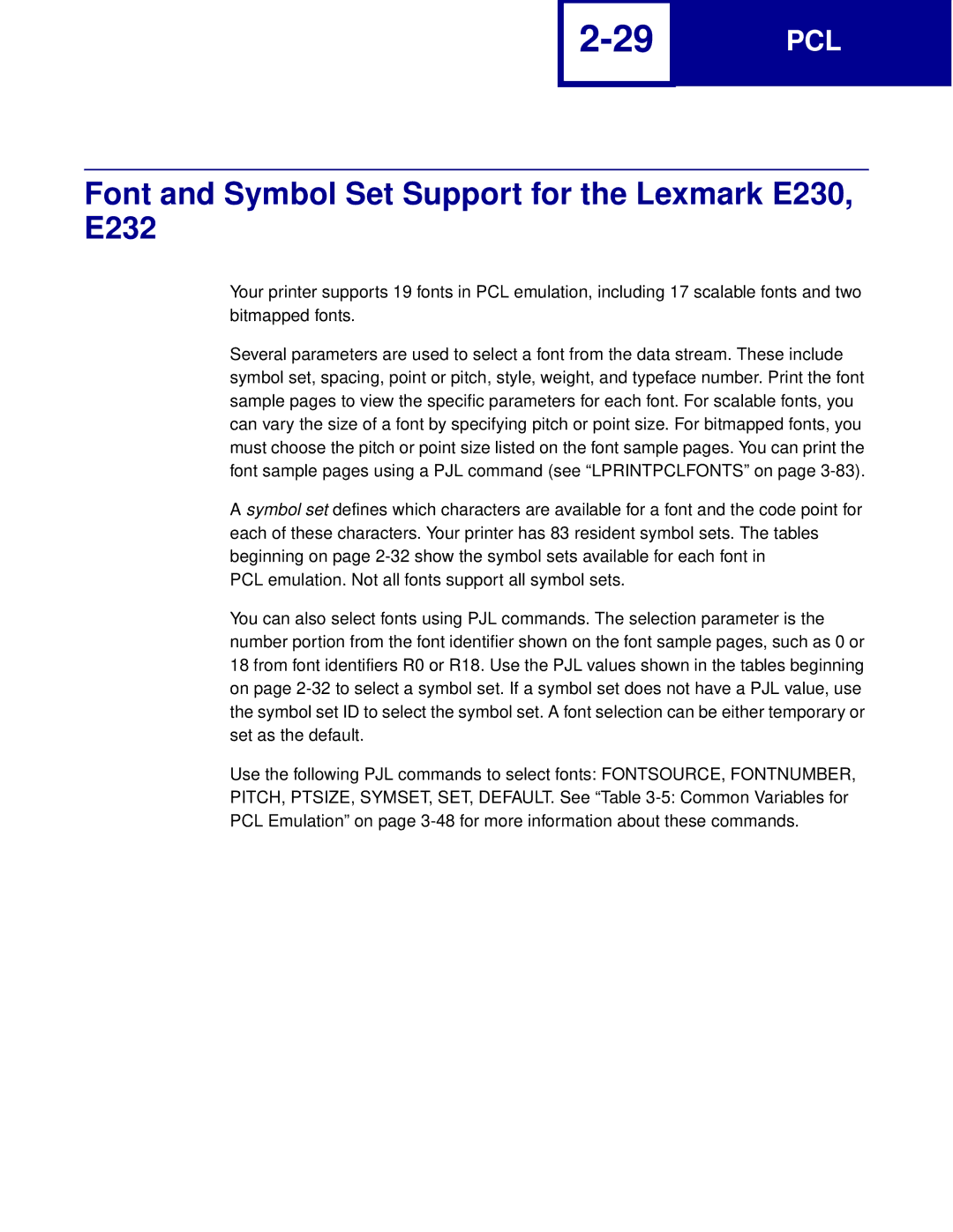 Lexmark Printer manual Font and Symbol Set Support for the Lexmark E230, E232 