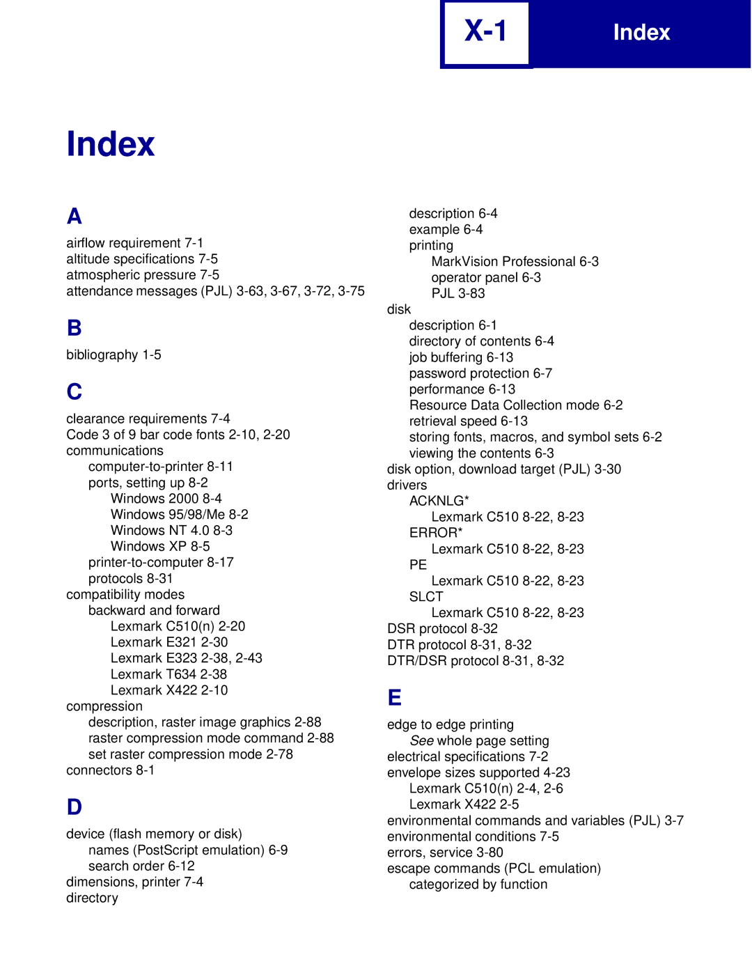 Lexmark Printer manual Index 