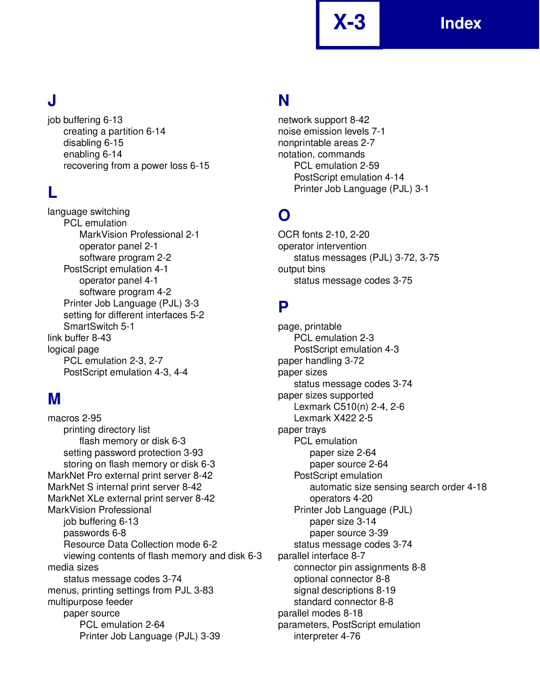 Lexmark Printer manual Index 