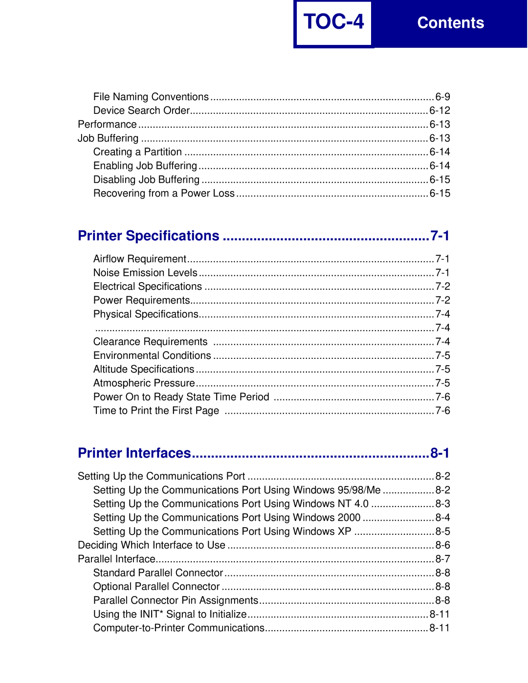 Lexmark manual TOC-4, Printer Specifications 